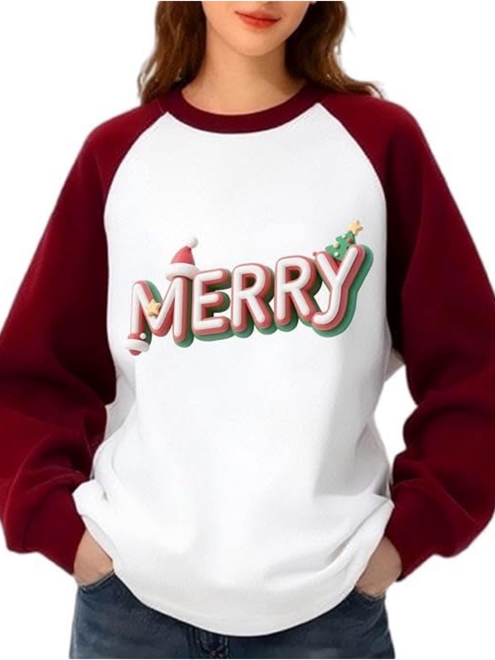 Merry Graphic Raglan Sweatshirt - White & Burgundy